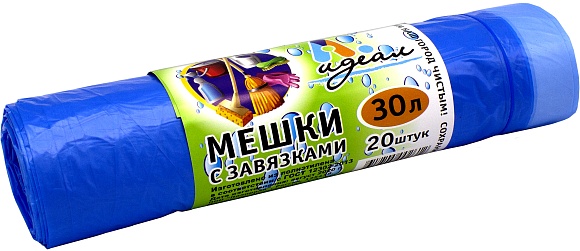 Мешки мусорные 30л 51х60см (15) С завязкой в рулонах (по 20 шт) (Голубые) Идеал (х1/56) [упаковка]